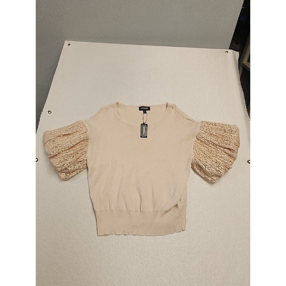 Express Pink Knit Sweater  Lace Puff Short Sleeves, Medium NEW Retail $80